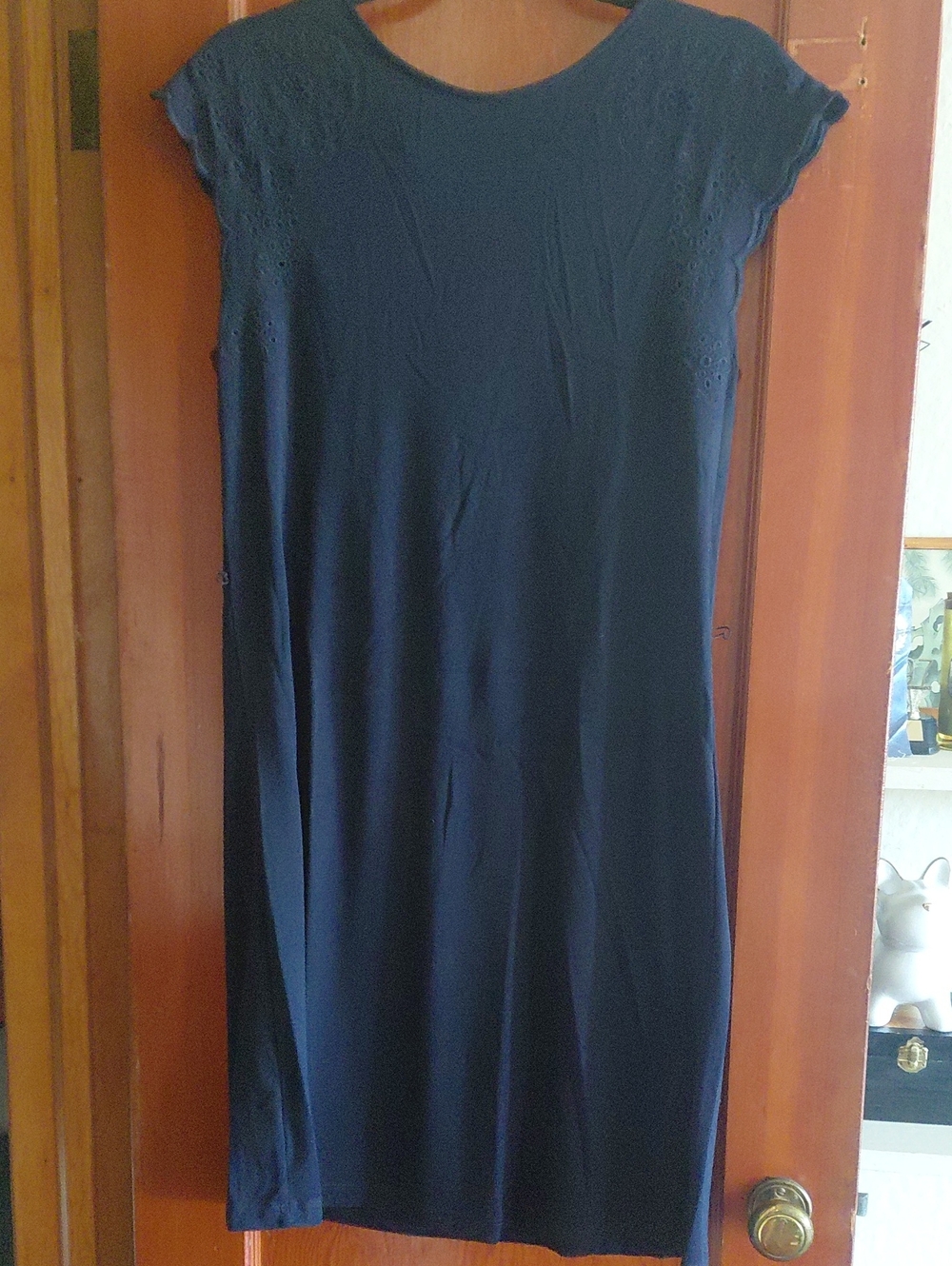 LOFT Navy Midi Dress with Eyelet Cap Sleeves